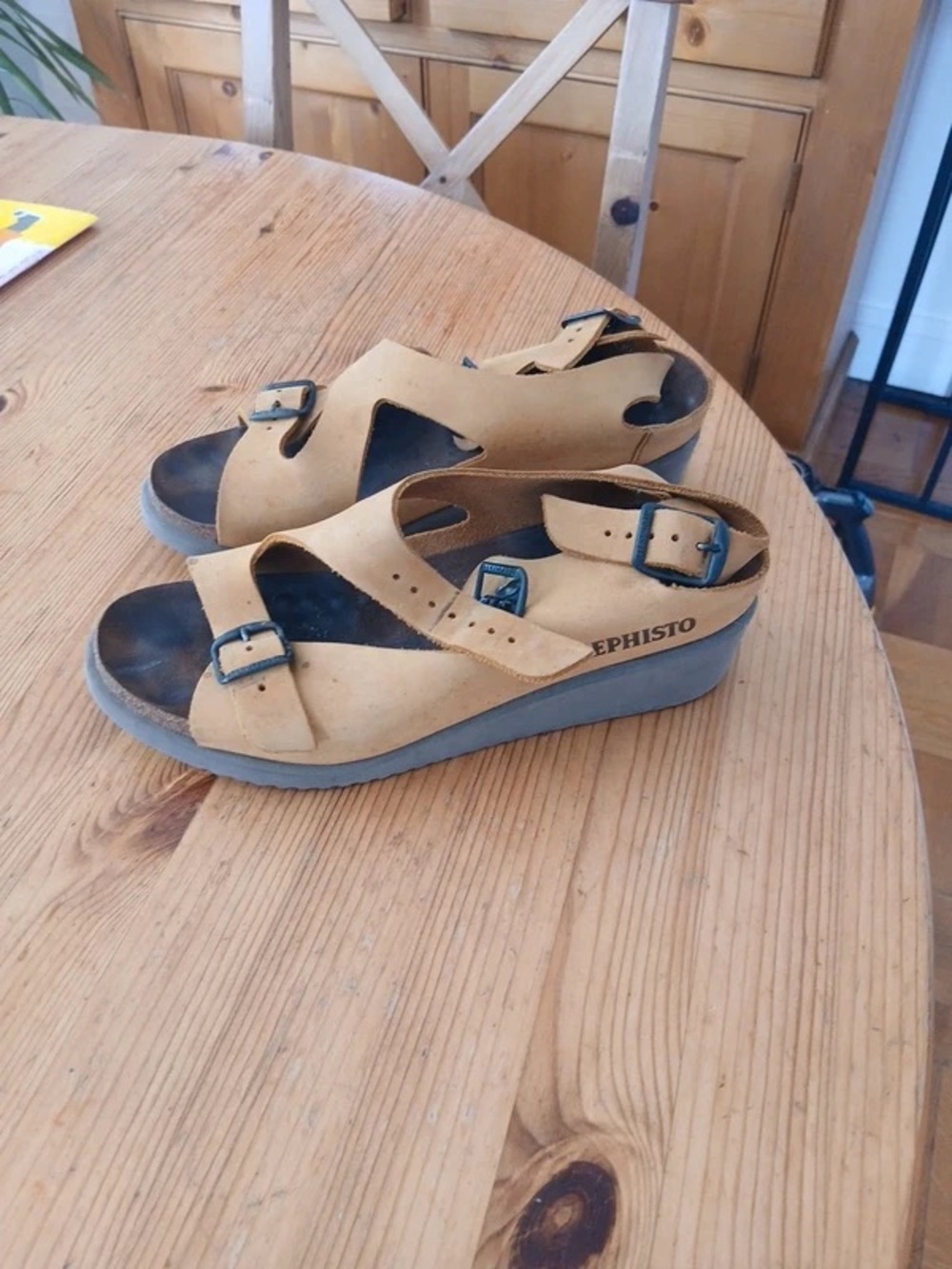 Mephisto Kids Mustard Tan Double-Buckle Wedge Sandals